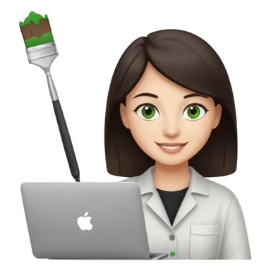 happy Graphic designer whit a MacBook, him eyes green color and dark brown hair, he is paint artist sticker