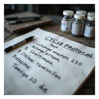 Close-up of a handwritten sheet with a bodybuilding cycle start protocol: 'Ciclo base: testosterone enantato 250 mg/settimana, 8 settimane, protezione: tamoxifene 10 mg/die'. Hyperrealistic style, 4K, gym desk, professional atmosphere. sticker