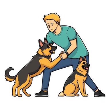 man playing with dog, shoulder length dark blonde hair, German Shepherd  sticker