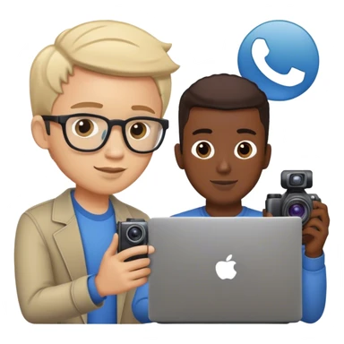 two guy, one is  who working in a social media management company, taking photos or videos with a cam, the other one is having a laptop in his hands sticker