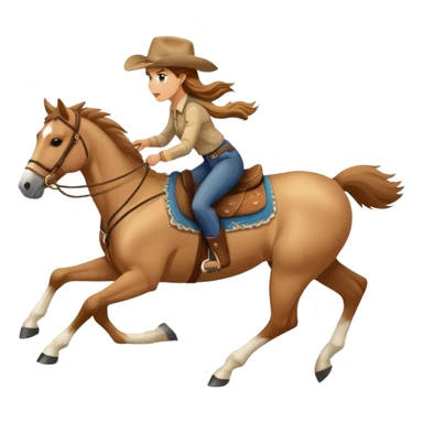palomino horse running with a woman rider with brown hair and a cowboy hat sticker