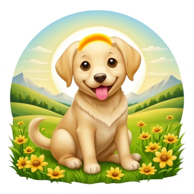 A yellow Labrador Retriever sitting on a grassy field, smiling with its tongue out under bright sunlight. Realistic lighting, outdoor park setting, friendly expression, high detail. sticker