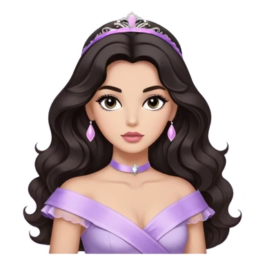 A woman with almond-toned skin, dark voluminous hair in waves, expressive eyes with soft lashes and shimmer, full lips with a glossy nude-pink color, wearing a lavender top and a white sash with “Miss San Juan” in black letters, exuding elegance and confidence sticker