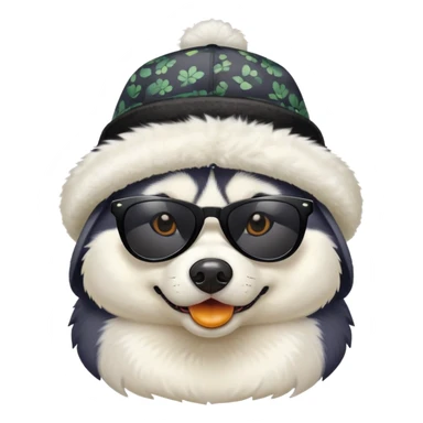Husky dog wearing black sunglasses and a hat with duck pattern sticker