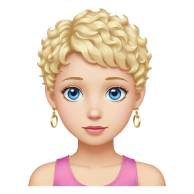 Girl with light blonde pixie cut hair, curly, pink tank top, dangly gold earrings, blue eyes sticker
