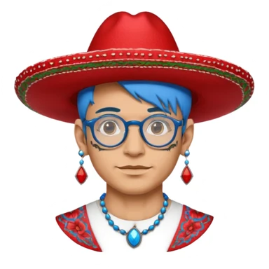 unique looking tourist with big unique red tourist sombrero and earrings, man with lots of tattoes and spectacles, blue hair showing sticker