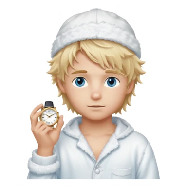 Create a look for a blond boy with long, tousled hair, light eyes, a white sweater, a wealthy appearance, blue eyes, and accessories like a Rolex or Cartier watch, and a cute face with messy hair down. blue eyes + + pajama white fluffy + cap fluffy + blush sticker