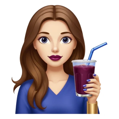 girl with long brown hair, wine lipstick, gold nail polish, drinking a blueberry butter pecan iced coffee with a metallic straw  sticker