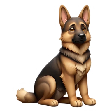 cinematic-[german shepherd]-realistic-full-body-sitting-emoji,-tail-resting-loosely-beside-its-paws,-head-tilted-dramatically,-sleek-[brown and black]-fur,-simplified-yet-realistic-focused-features,-highly-detailed,-glowing-with-an-almost-sarcastic-glow sticker