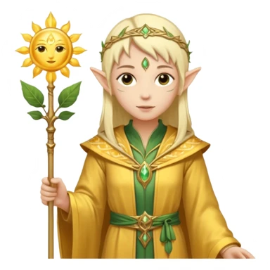 {
      "type": "human",
      "look": "light elf healer, golden robe, staff with leaf and sun motif",
      "description": "a light elf healer wearing a golden robe and holding a staff with leaf and sun symbols"
    } sticker