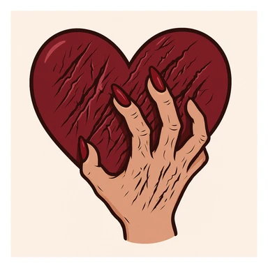 женская рука с маникюром вгоняет когти в винного цвета сердце и сильно раздирает царапает его (пальцы полусогнуты ногти вогнаны в царапины) рисованный стиль, ориентируйся на референсы по стилю и по уровню разодранности серца sticker