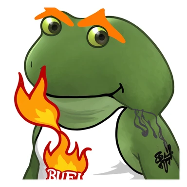 bold rebellious frog character in streetwear pose with the word 'BUFU' in flaming letters above or behind it, urban graffiti-inspired style, vibrant colors, dynamic energy sticker