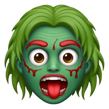 emoji de zumbi estilo WhatsApp, cabeça verde, cabelo cacheado vermelho volumoso, olhos brancos brilhando, expressão divertida e assustadora, cartoon, linhas limpas, fundo transparente, qualidade alta sticker