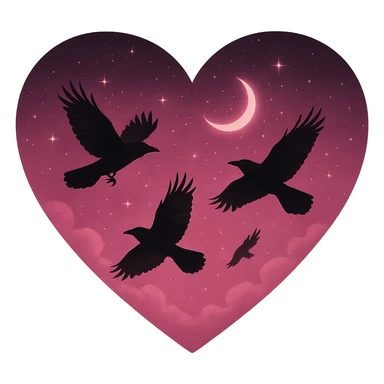 heart with pink night sky and dark ravens, remove background sticker