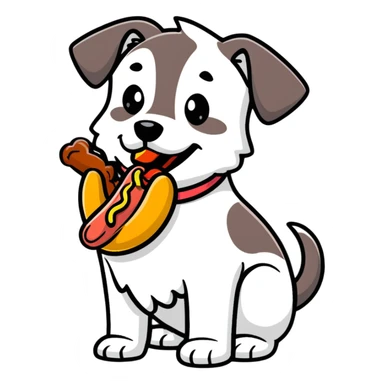 dog eating a suspicious hot dog sticker