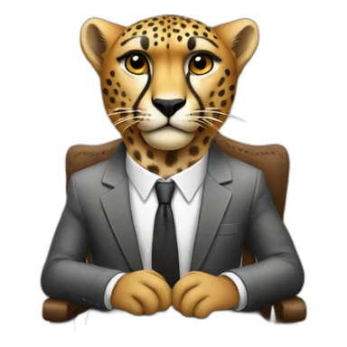 A cheetah wearing a suit looking straight while sitting in a chair sticker
