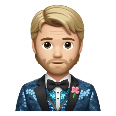 Chris Hemsworth with dark blonde hair, slate sequin suit with bow tie sticker