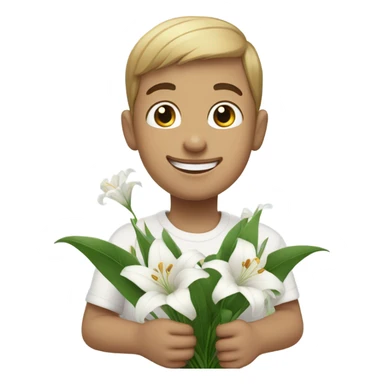 a disabled boy holding a bunch of white lily smiling sticker