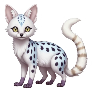 White Albino frosty snow-white whitish pastel-grey-spotted Serval-Civet-Genet-Trico-Furret-Linoone-Noibat-Espeon-Fakémon-Pokémon-animal-hybrid-fusion-creature (full body) with vibrant glowing eyes, cute, elegant, soft, realistic, pastel fur sticker