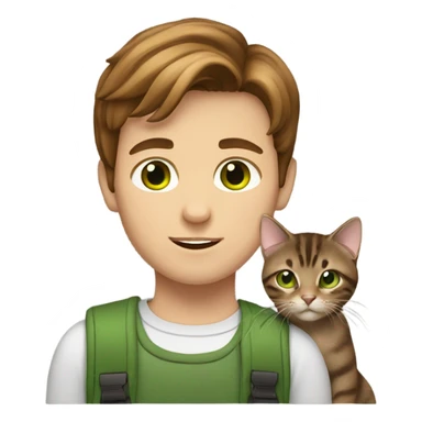 Boy with brown hair holding a brown tabby cat with green eyes  sticker