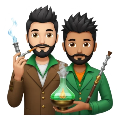 Brass hookah with green design on a glass water base on the top; with two smoke pipes where people are holding them and smoking - one white guy with spikes (silver and black hair) and another Tamil handsome with little beard Indian guy. The Tamil guy is not having spiky hair  sticker