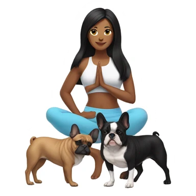 latin women with long black hair in yoga outfit standing alongside two french bulldogs  sticker