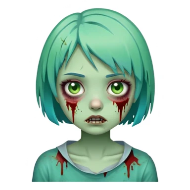 cartoon zombie girl with short turquoise hair bob cut, green decaying skin, bloody scars sticker