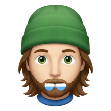 white man
aged 40
Blue eyes, 
mid length brown wavy hair
Green beanie hat sticker