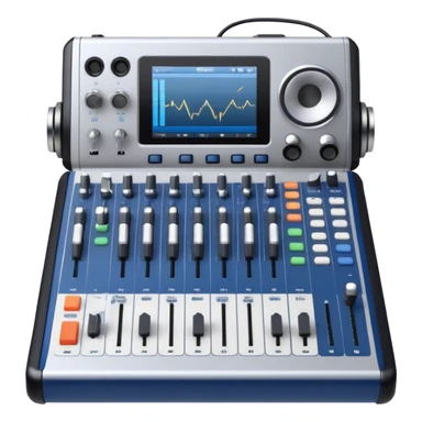 Create a professional and technical emoji that represents sound engineering. The design should feature a sound mixing console with faders, a pair of studio headphones, and audio waveforms to symbolize the precision and technicality of sound mixing and mastering. Include elements like a microphone or audio cables to reflect the recording aspect. Use colors like silver, black, and dark blue to represent the technical, yet artistic side of sound engineering. The background should be transparent. sticker