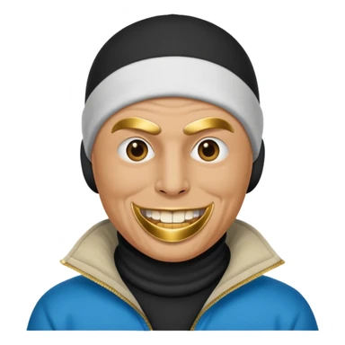 A bald guy wearing a ski mask with gold teeth sticker