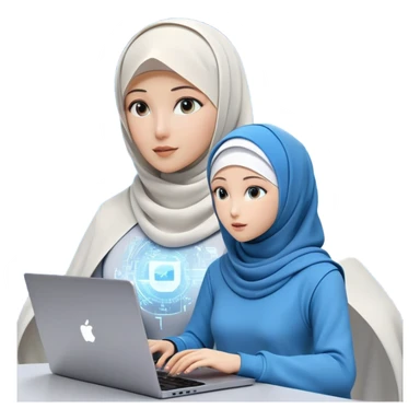 computer engineer with white hijab wearing blue outfit, with her metaverse creation coming to life around her, digital elements and code escaping from the screen behind her, virtual objects and holograms materializing in 3D space around her, laptop in front of her, her digital world extending beyond the screen into reality sticker