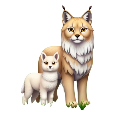 Collage of exotic animals: a lynx with striking eyes, and a fluffy alpaca standing in a lush meadow. The lynx gazes intently while the alpaca looks calm and curious. Surrounded by vibrant plants and flowers. Transparent background for a lively, colorful scene. sticker