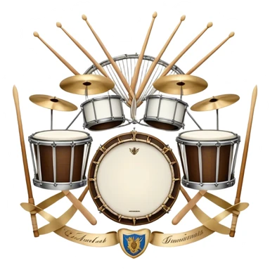 Create a complex, festive, and professional emblem-like emoji representing percussion instruments. The design should resemble a heraldic crest, featuring iconic drums and percussion such as a snare drum, bass drum, timpani, cymbals, marimba, and tambourine, arranged in a balanced and symmetrical composition. Drumsticks should cross elegantly at the center, symbolizing rhythm and energy. A flowing ribbon of musical notes should weave dynamically around the instruments, enhancing the celebratory and grand aesthetic. Ornate elements such as laurel wreaths, swirls, or subtle engravings should emphasize the prestige and importance of percussion in music. The color palette should include rich gold, deep mahogany, and silver, with refined highlights and shading for a polished, three-dimensional effect. The overall composition should be harmoniously structured, visually complete, and suitable as a standalone emblem. The background should be transparent. sticker