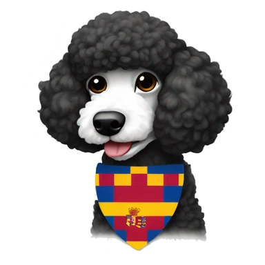 black and white poodle with a Barcelona flag sticker