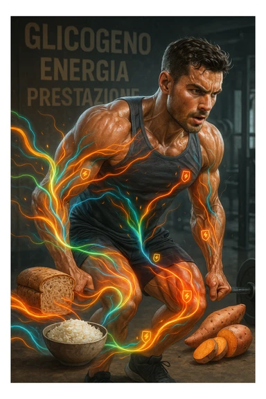 Uomo atletico di circa 30 anni durante un allenamento intenso in palestra, con muscoli ben definiti e sudati. Intorno a lui si visualizzano flussi energetici colorati che partono da fonti di carboidrati (pane integrale, riso, patate dolci) e si dirigono verso i suoi muscoli. I muscoli appaiono attivi, tesi e in pieno sforzo, con piccoli simboli di 'carburante' o energia che entrano nei tessuti. Espressione concentrata e potente. Sullo sfondo, parole come 'glicogeno', 'energia', 'prestazione'. Atmosfera dinamica, intensa e positiva. in italiano sticker