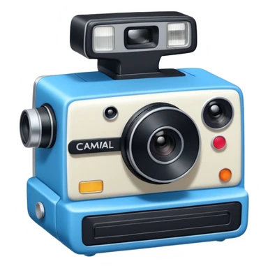 A hand-drawn doodle in a minimalist, cartoon style of a [instant camera]. The object is white with thick, rough, black marker outlines and two small black dot eyes. It is a simple sketch with no realistic textures, centered on a solid [blue] circular background." sticker