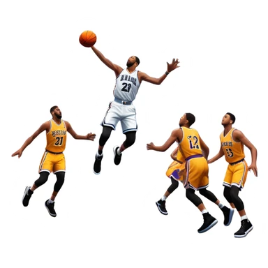 An icon showing a basketball court with players in action, inspired by NBA 2K25. A player jumps for a dunk, the ball mid-air, surrounded by a vibrant basketball arena with cheering fans and bright lights. Transparent background emphasizes the intense atmosphere sticker