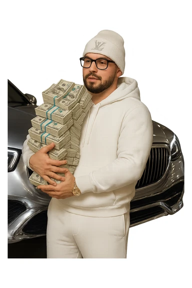 Replace the AMG car in the background with a Maybach car, keeping the background transparent. Maintain the person with white skin tone, black goatee and facial hair, wearing a white hoodie, white sweats, white Louis Vuitton beanie, and Cartier glasses. Include realistic money in the scene. Apply a chrome effect on everything except the money. Match the style and pose of the reference image exactly. sticker