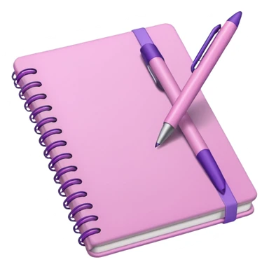 pastel pink notebook with a soft purple pen resting on it, iOS emoji style sticker