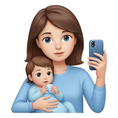 brunette girl with brown hair wearing pastel blue clothes holding a baby and taking a selfie sticker