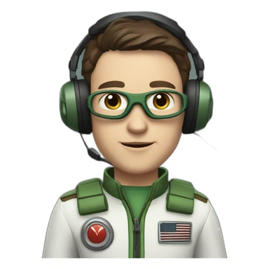 A young white male tennager with a thin face with dark brown hair and brown eyes in a pilot suit and wearing a green Pilot headset sticker
