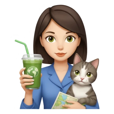 a brunette woman in here 30S drinking an iced matcha, carrying a grey cat and a map of the world sticker