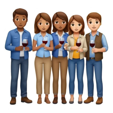 Make a photo of 5 project managers, specifically 3 girls with brown hair and 2 boys, that are making project for improvement of the winery sticker