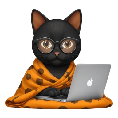 A black female cat working on a MacBook, with round frames and thin glasses, and she wears a blanket with an orange fruit pattern sticker