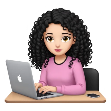 a girl typing mac book with long black curly hair and brown eyes with black eyeliner, pink shirt sticker