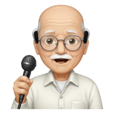 singer, Old man, singing, holding mic, white shirt glasses sticker