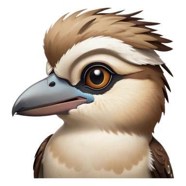 Cinematic Noble Kookaburra Portrait Emoji, Poised and regal, with a stout, robust build and a striking plumage of earthy browns and creams, a strong beak and deep-set soulful eyes, Simplified yet sharp and sophisticated features, highly detailed, glowing with a soft, dignified glow, high shine, intelligent and exuberant, stylized with an air of native woodland majesty, focused and attentive, soft glowing outline, capturing the essence of a watchful and confident bird, so majestic it feels as though it could laugh out of the screen with effortless authority! sticker