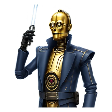 tough well-equipped jedi first order life-sized darkblue-pearl C3po as a friendly bounty hunter droid wearing a leather clothing old west duster coat holding light saber sticker