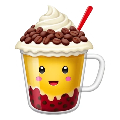 shaved ice in a see-through MEGA COFFEE cup, topped with red beans and milk drizzle, ‘MEGA’ in bold yellow on the cup, minimal LINE emoji style, no face sticker