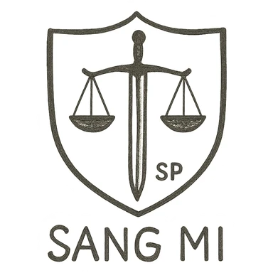 A minimalist emblem for a covert investigative unit named SANG MI. The design should feature a shield with a subtle sword and scales of justice, using a secretive aesthetic with muted colors and a discreet 'SP' insignia. The style should be clean and modern, emphasizing the covert nature of the unit. sticker